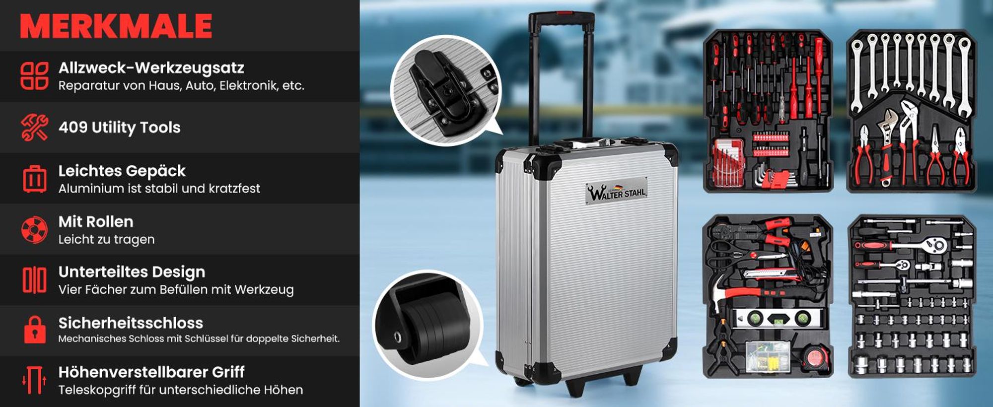 WALTER STAHL Werkzeugkoffer gefüllt 409 tlg | Werkzeugkasten | Aluminiumkoffer | Werkzeug Set | für Werkstatt und Haushalt