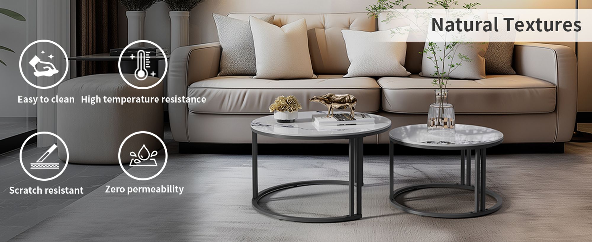 WISFOR 2er Set Couchtisch mit Aluminiumgestell, Satztisch Marmor Optik, Runder Kaffeetisch Wohnzimmertisch Sofatisch, Jadeweiß