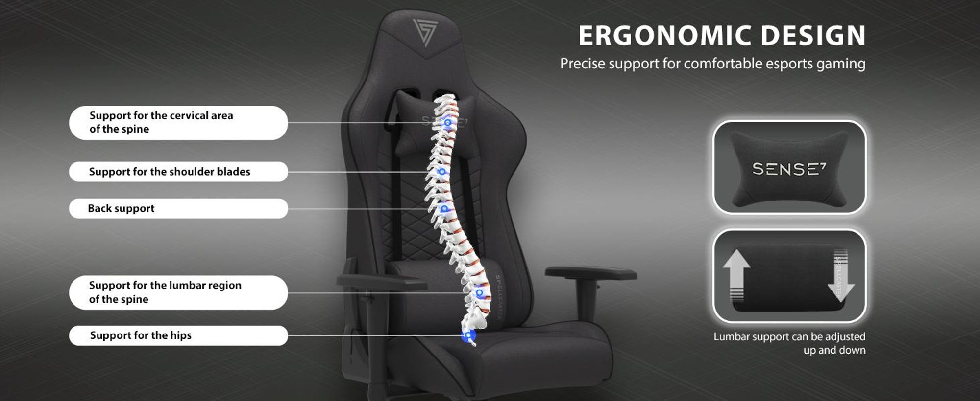 SENSE7 Spellcaster herná stolička z látky, čierna – ergonomická kancelárska stolička, stolička k počítaču, herná stolička, nosnosť 150 kg, 2D podrúčky, sklon 160