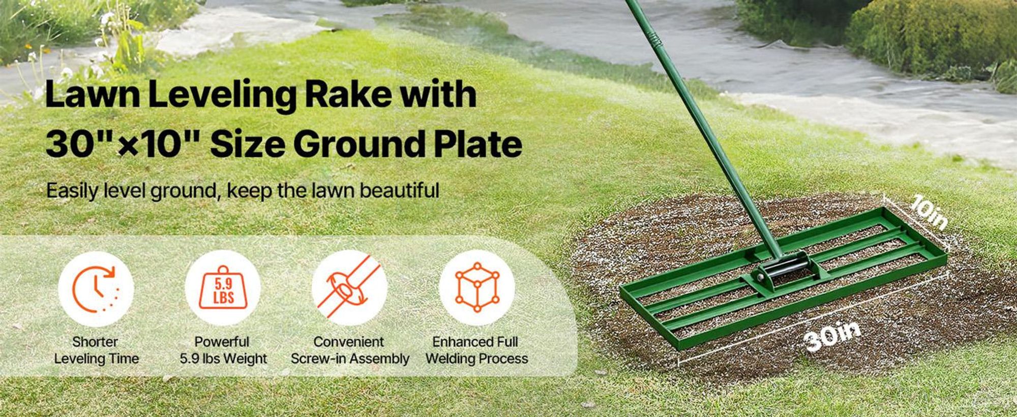 VEVOR Rasenebene-Rake, 30"x10" Rasenwerkzeug, Schwerlast-Rasenebner mit 78" Stahlverlängerungsgriff, Rasenebene-Rake geeignet für Garten, Golfplatz, Bauernhof, Legierung-10x30 Zoll