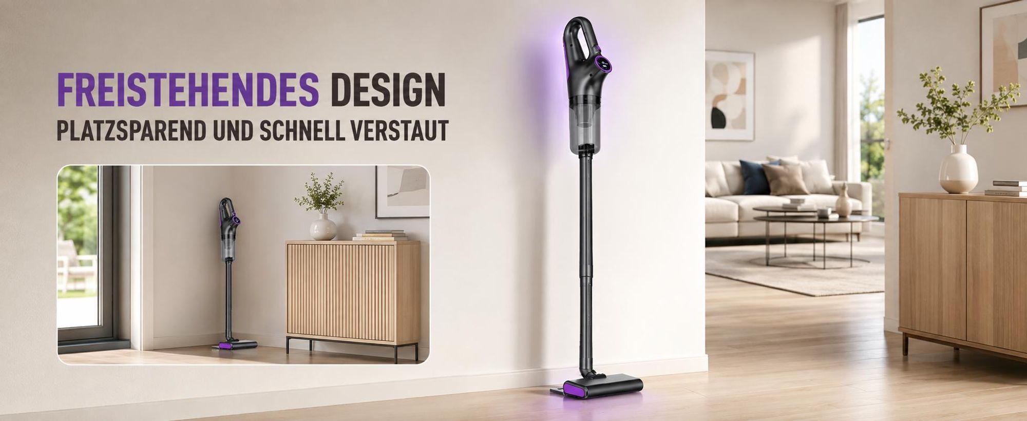 4-in-1 Akku-Staubsauger, 15.000 Pa, kabelloser Hand- und Stielstaubsauger mit LED-Anzeige & HEPA-Filter, für Hartboden, Teppich und Tierhaare, Lila