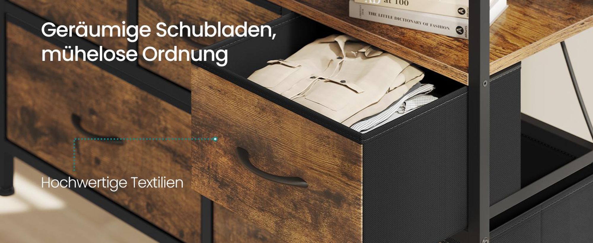 SONGMICS Kommode mit LED-Beleuchtung, Sideboard, Schubladenschrank für Wohnzimmer, mit Ladestation, 7 Schubladen, braun-schwarz