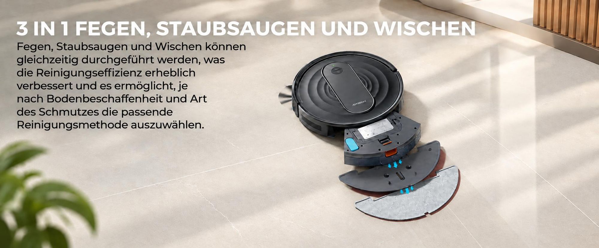 Airzeen Saugroboter mit Wischfunktion , 3in1 Roboterstaubsauger 8000Pa Starke Saugleistung Leiser Roboter-Staubsauger, App/WiFi, 120 Min Laufzeit