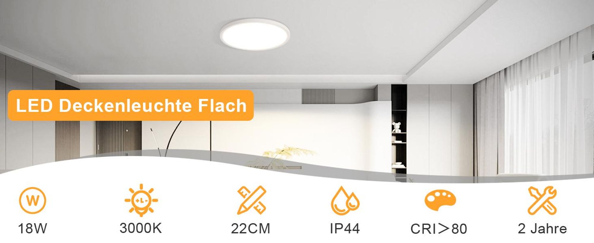 ZMH Deckenlampe LED Deckenleuchte Flach 18W Warmweiß Ø22cm Deckenbeleuchtung IP44 Küchenlampe Rund Weiß für Flur Küche Schalfzimmer Klassenzimmer