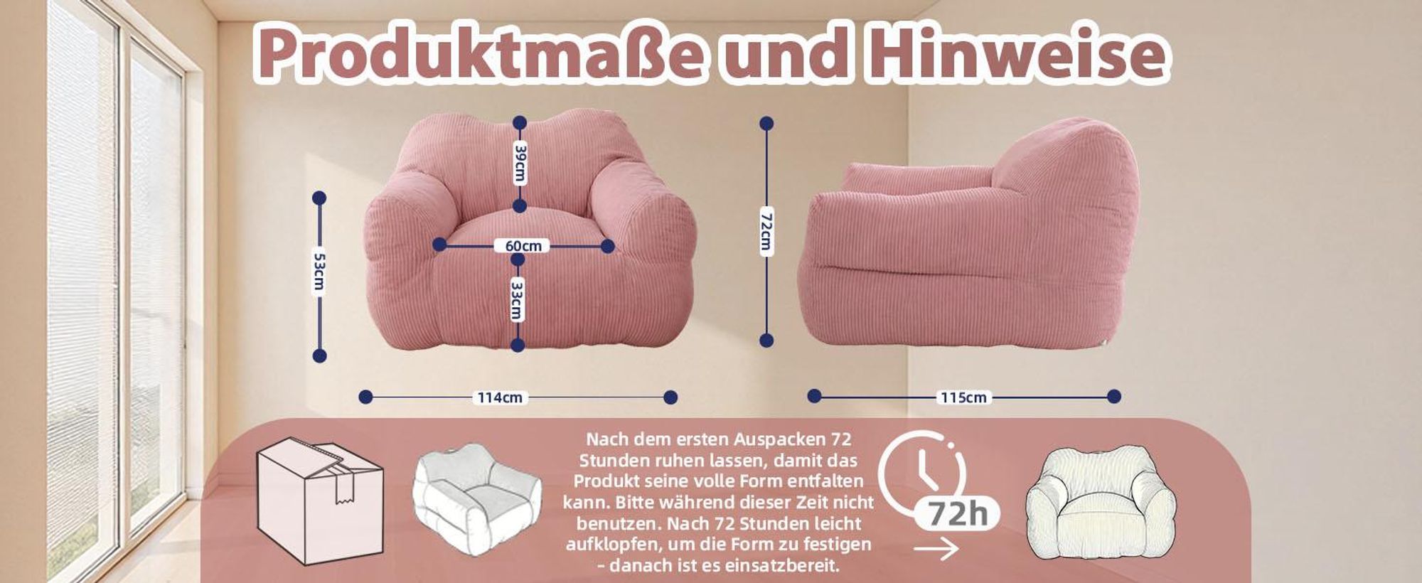 XXL Sitzsack für Erwachsene mit Schaumstofffüllung, quadratisches Bodensofa
