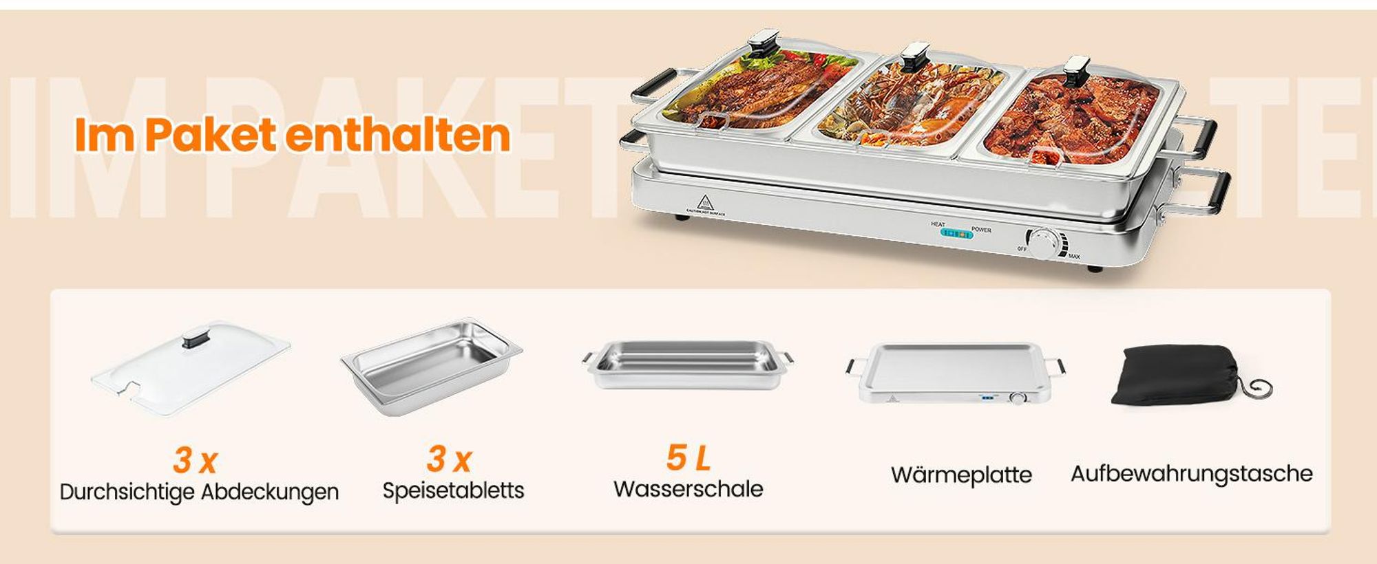 COSTWAY 3in1 Warmhalteplatte 450W elektrisch, Wärmebehälter mit Temperaturregler bis 150℃, Speisewärmer 9L Edelstahl