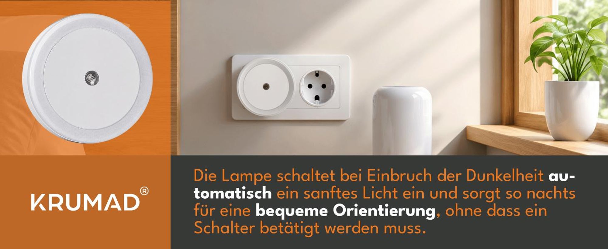 KRUMAD LED Nachtlicht Steckdose mit Bewegungssensor, Warmweiß, 3 Modi ON Auto OFF, Nachtlampe für Schlafzimmer Flur