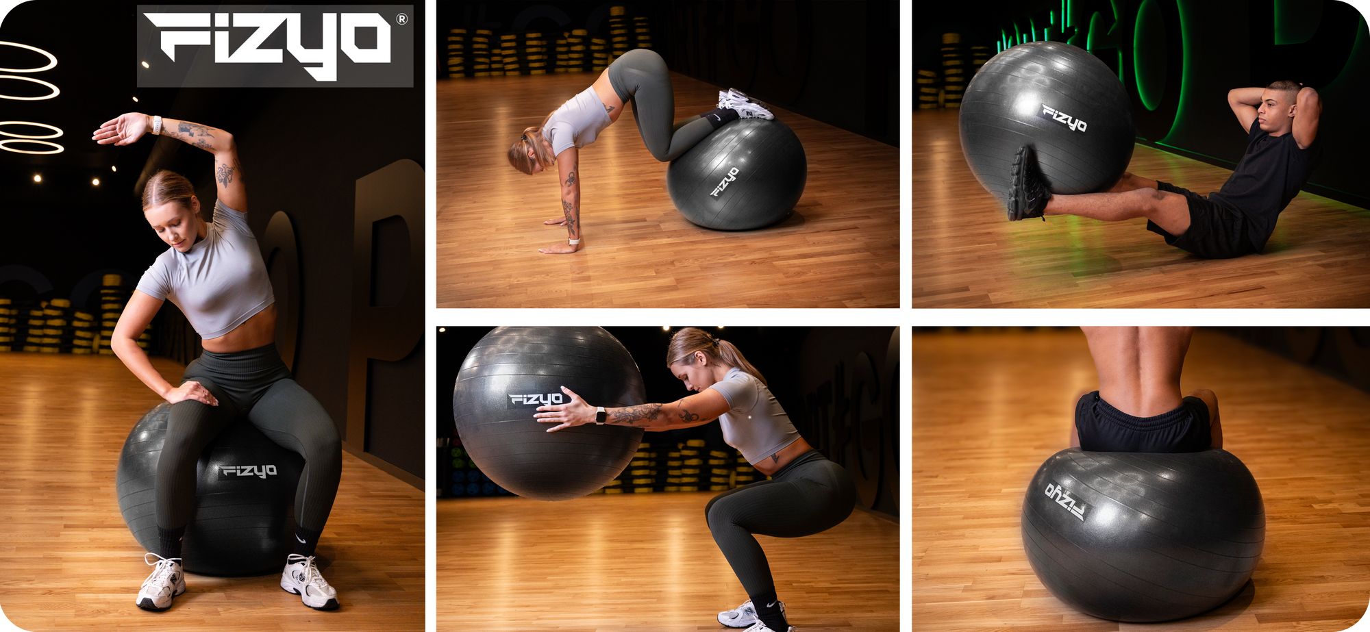 FIZYO-Gymnastikball-Training — eine Person macht Übungen auf einem 65 cm Gymnastikball