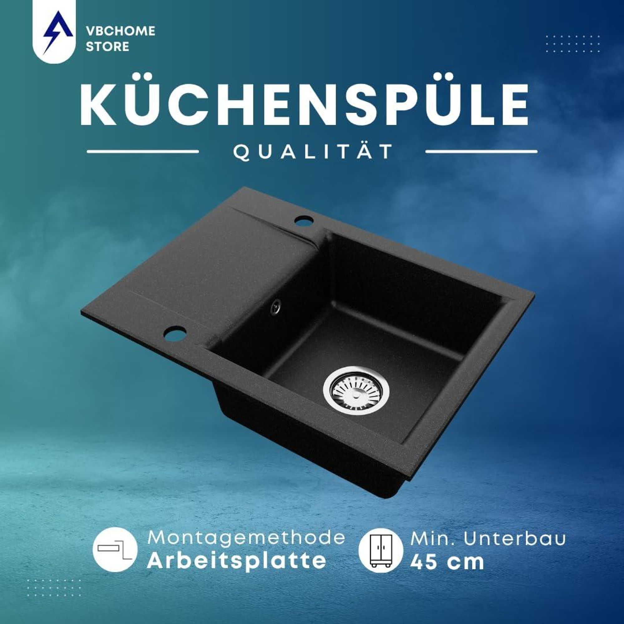 VBChome Granitspüle Schwarz 59 x 44 cm mit Armatur Einzelbecken Einbauspüle Reversibel Gesprenkelt Pflegeleichtes Spülbecken mit Siphon für Küchen