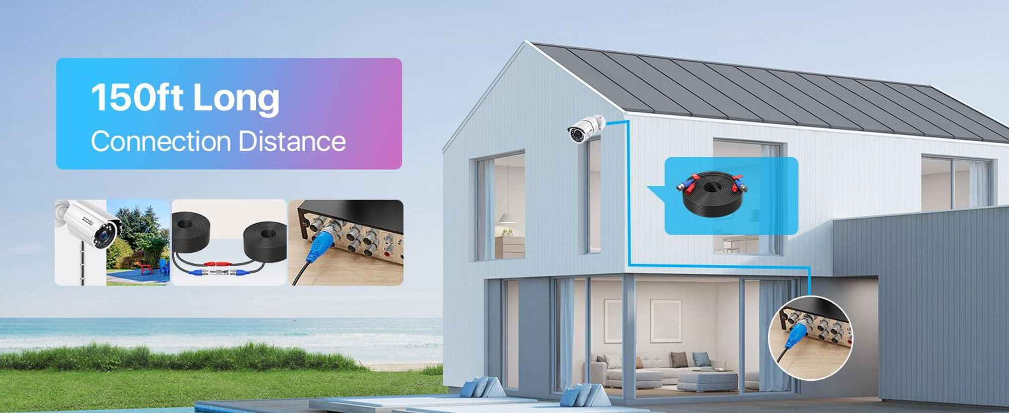 ZOSI 4X 45 Meter Video Kabel BNC Verlängerungskabel für CCTV 4K 5MP 1080P DVR Überwachungskamera System, Mit 100x Kabelklemmen