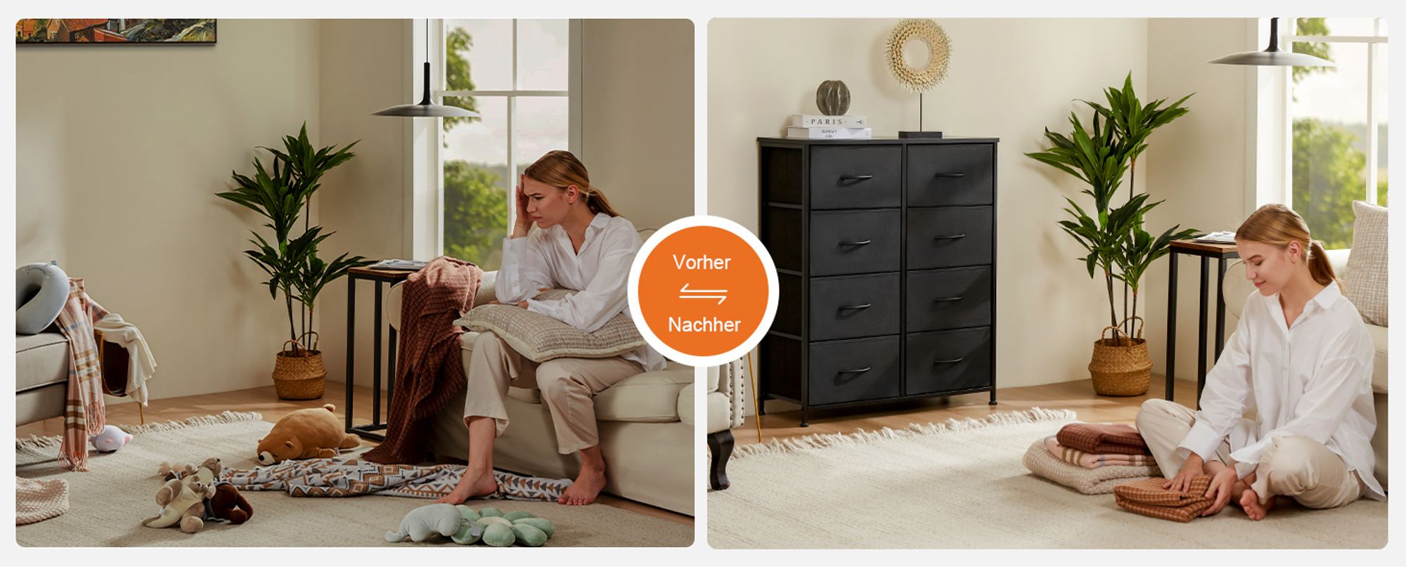 Kommode mit Stoffschubladen, Chest of Drawers mit 8 schubladenschrank, kommode schlafzimmer schubladen schrank，Stoffkommode drawer