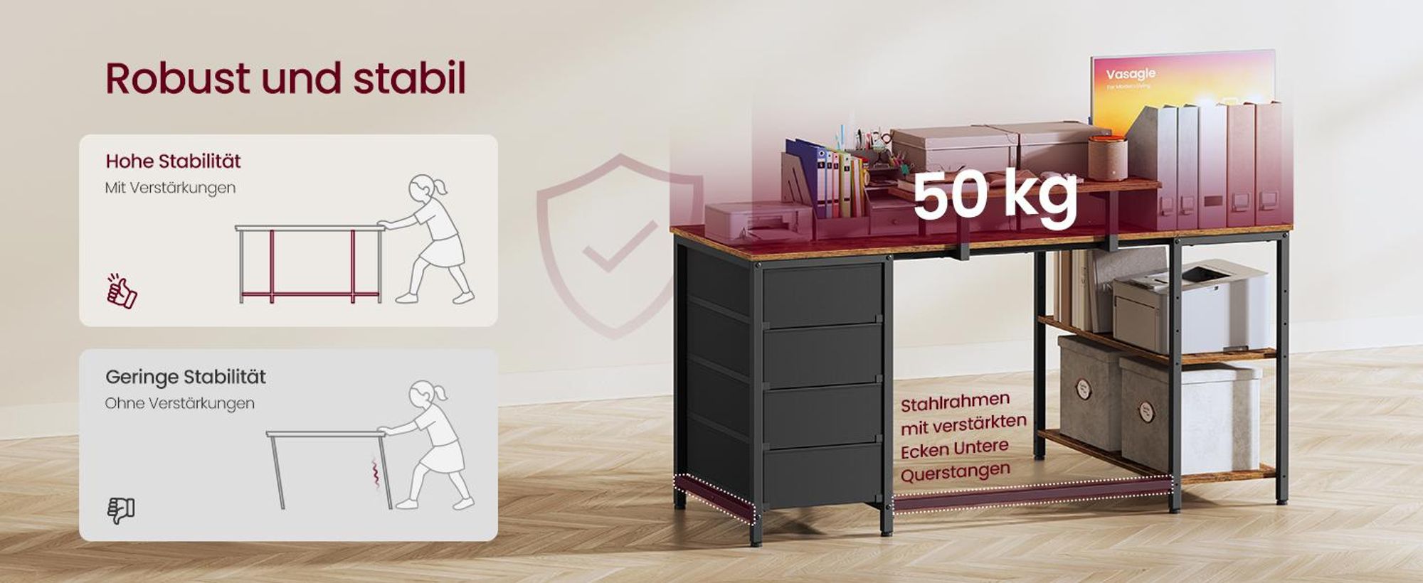 VASAGLE L-förmiger Eckschreibtisch mit USB-Anschlüssen, Computertisch, 2 Ablagen, 4 Schubladen, 140 x 80 cm, braun