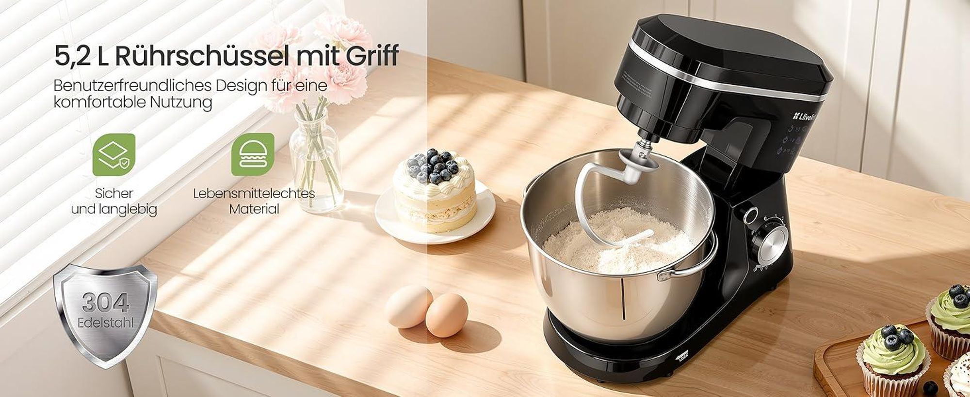 LLIVEKIT 1500W Küchenmaschine, 5,2L Edelstahl-Rührschüssel, Multifunktional Haushalts-Backgerät