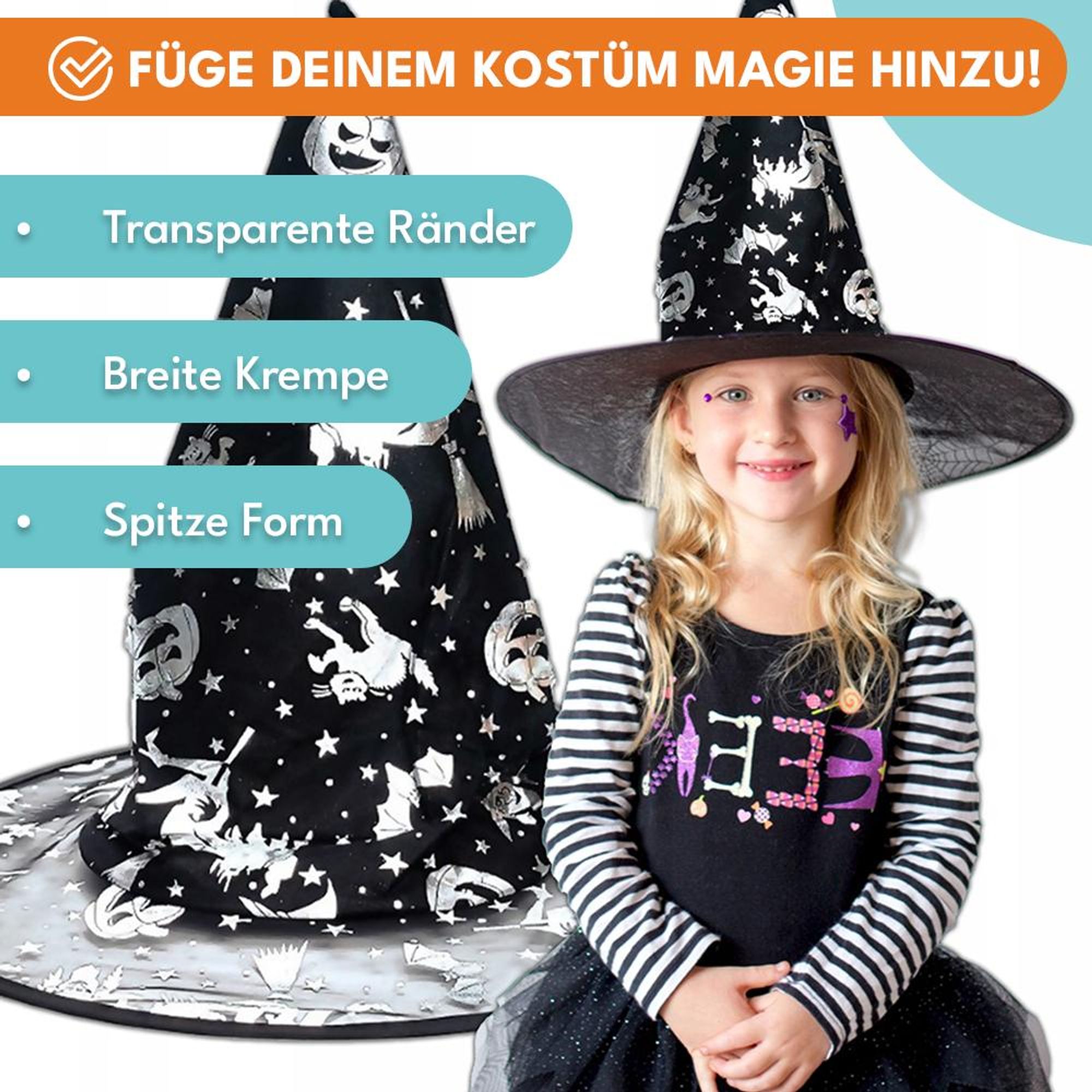 KRUMAD Halloween Hexenhut Schwarz - spitzer Zaubererhut mit Kürbis & Fledermaus Motiv, Universalgröße für Kinder & Erwachsene, Kostüm Zubehör Karneval