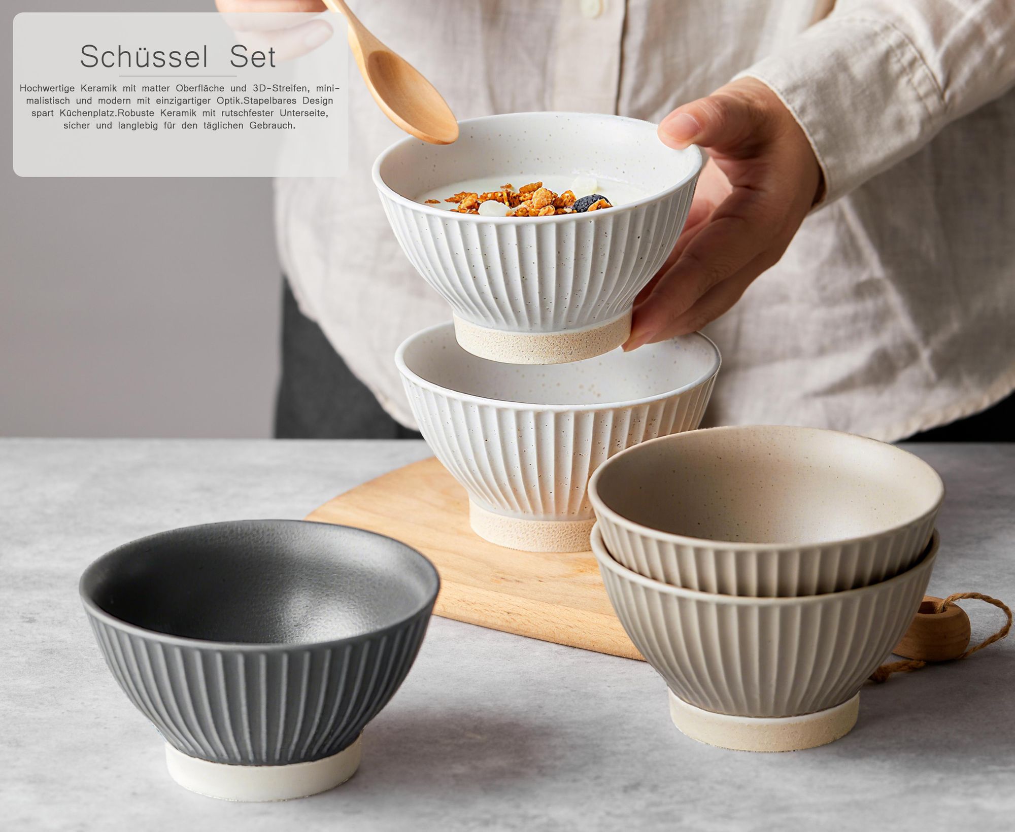 Schalen set 6er Ø12 cm - Keramik Müslischalen, Eisschalen & Dessertschalen, Frühstücksschalen, Matt-Glasur, Mikrowellen- und Spülmaschinenfest, Weiß