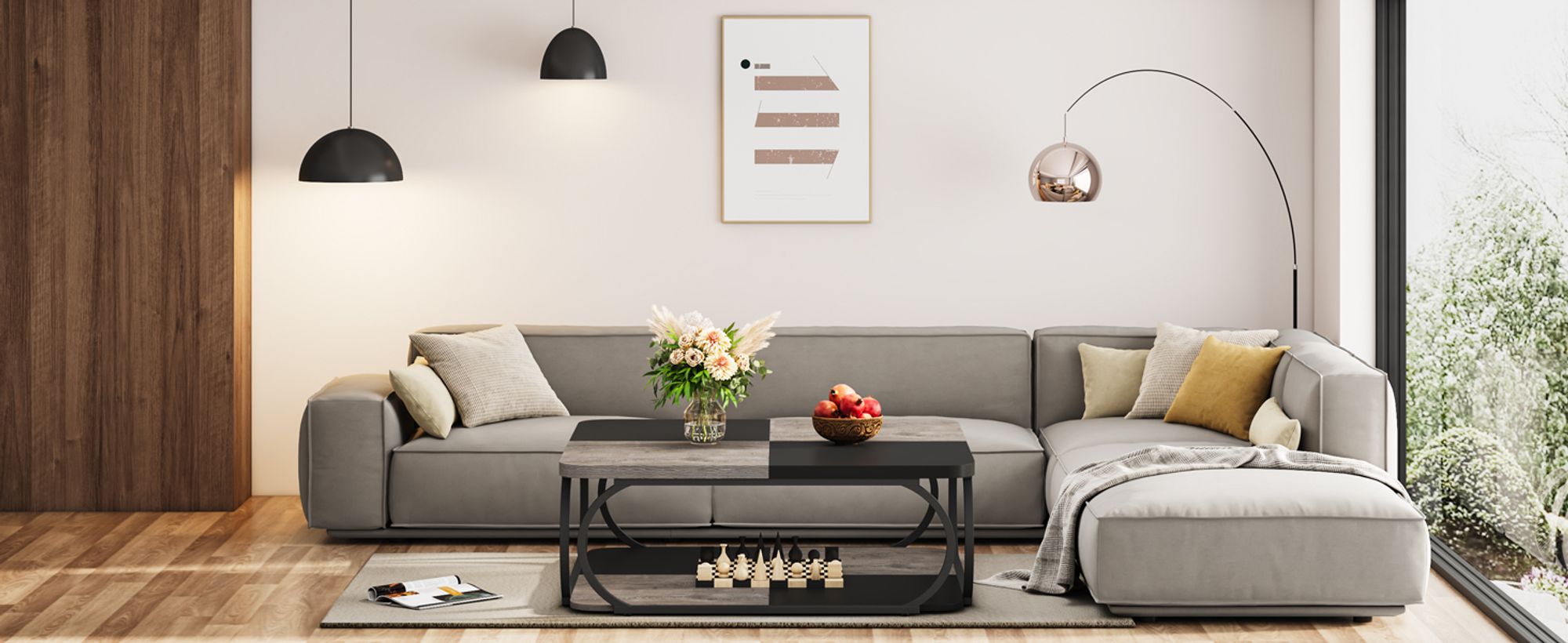 Tribesigns Quadratischer Couchtisch mit 2 Ebenen, 101 cm niedriger Bauernhaus-Couchtisch mit Holzregal für modernes Wohnzimmer, Schwarz Grau