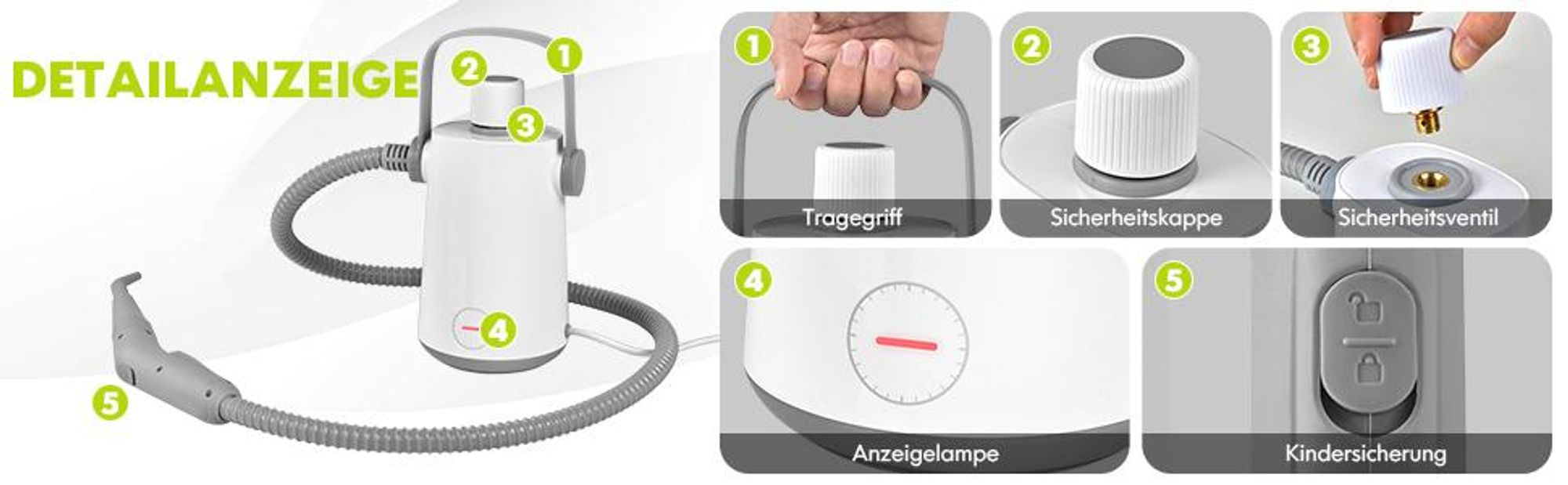 COSTWAY Dampfreiniger Portable Handgerät 3 Bar, Handdampfreiniger mit 300ml Wassertank, 116cm Schlauch, 3m Kabel & 10 Zubehör Set, Grau