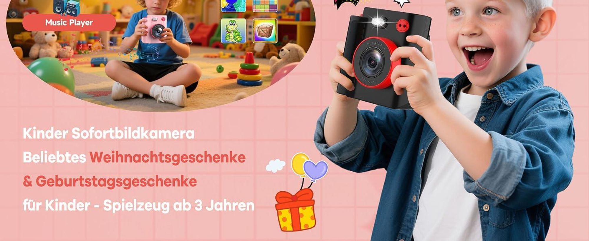 Sofortbildkamera, Kinderkamera, 1080P HD Digitalkamera, Kamera Kinder Sofortdruck mit 32GB Karte & 3 Rollen DruckerPapier