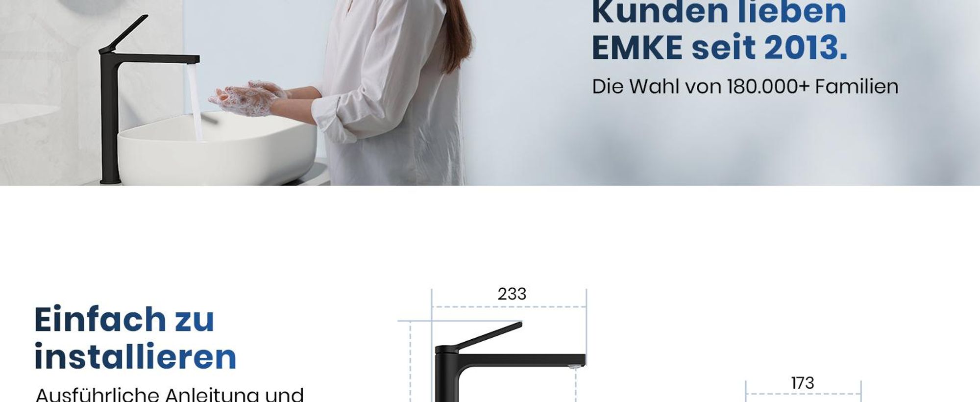 EMKE Wasserhahn Bad Mattes Schwarz 335x233x46mm, Messing, Keramikkartusche, Badarmatur, Mischbatterie Waschbecken-Armatur, Waschtischarmatur
