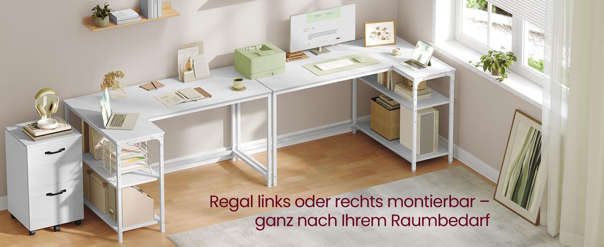 VASAGLE Schreibtisch mit Stauraum, L-Form Computertisch, höhenverstellbare Ablage, Büro, 120 x 80 cm, weiß
