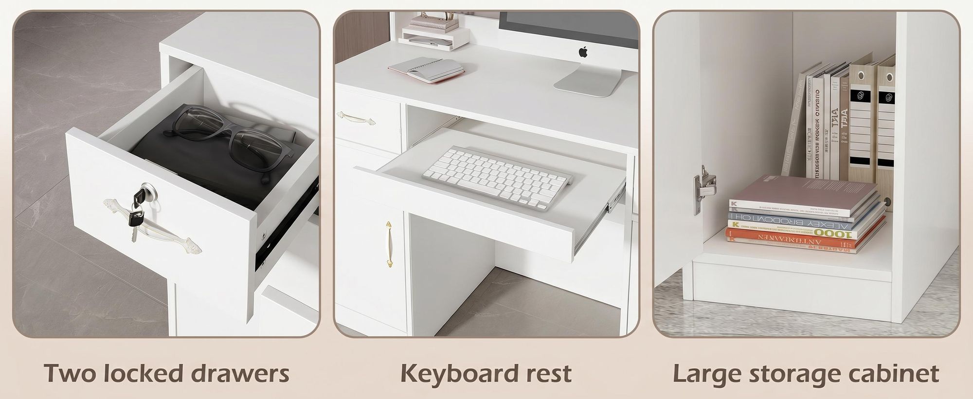 Empfangstheke mit LED-Beleuchtung, Rezeptionstresen mit Tastaturschublade, Große Empfangstheken, Weiß, MDF, 120 x 100 x 50 cm