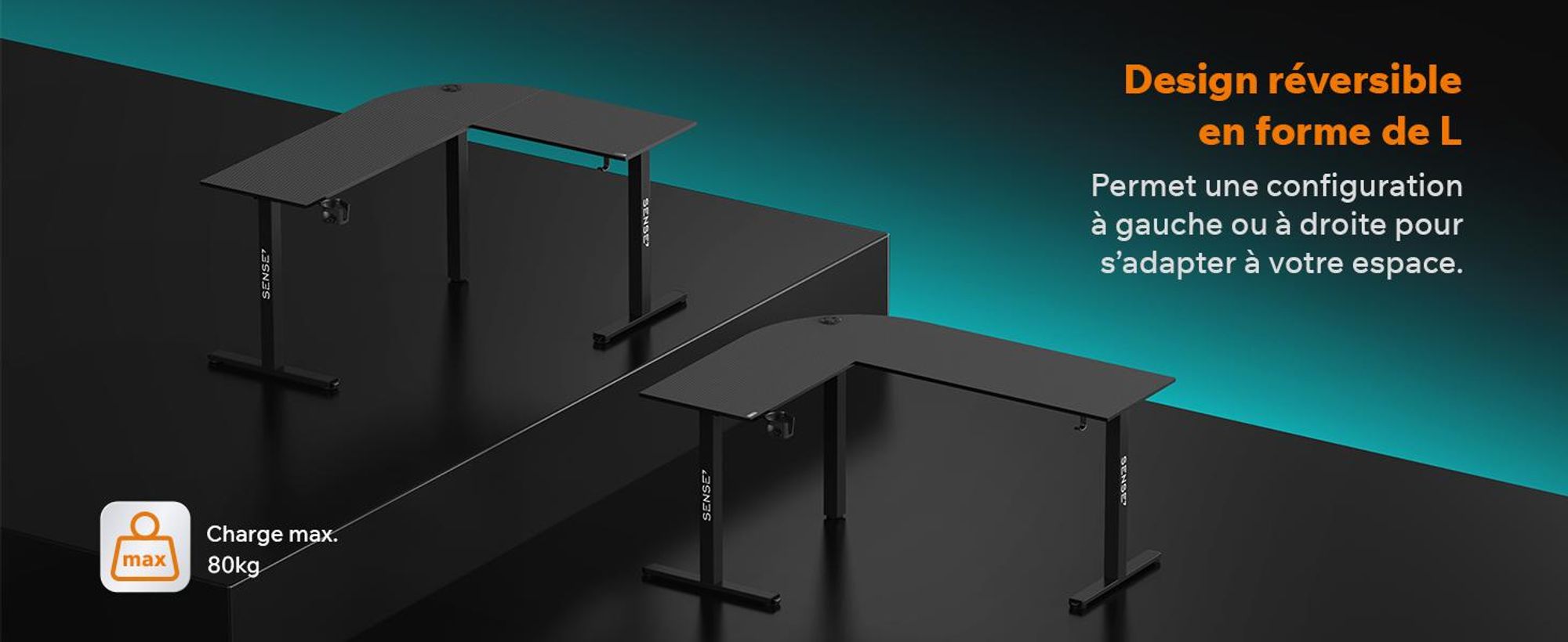 Bureau d'angle gaming Sense7 RONG, forme en L, 154x117 cm - Noir, aspect carbone. Bureau pour ordinateur, idéal pour les joueurs, montage flexible, parfait pour un bureau à domicile