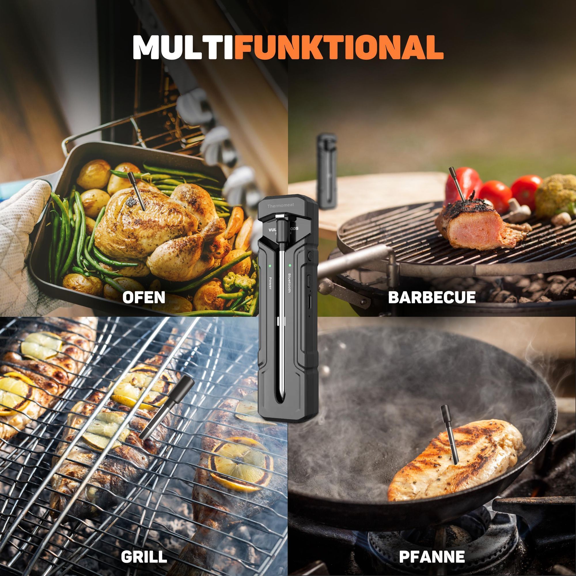 Vulpes Goods Küchenthermometer, Fleischthermometer, mit App, drahtlos, BBQ-Fleischthermometer, Ofenthermometer und Kochthermometer, 80 m Reichweite