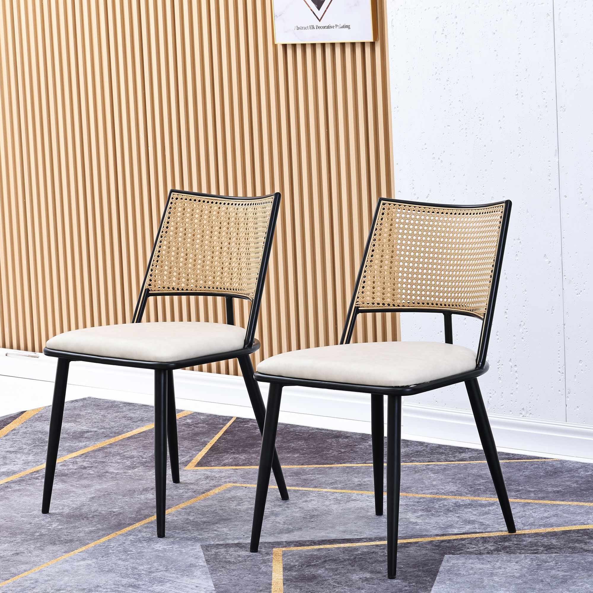 Flieks Rattan Esszimmerstühle 2er Set, Esstischstühle Küchenstühle mit Metallbeinen, Gartenstuhl Freizeitstuhl Wohnzimmerstuhl, PU, Schwarz