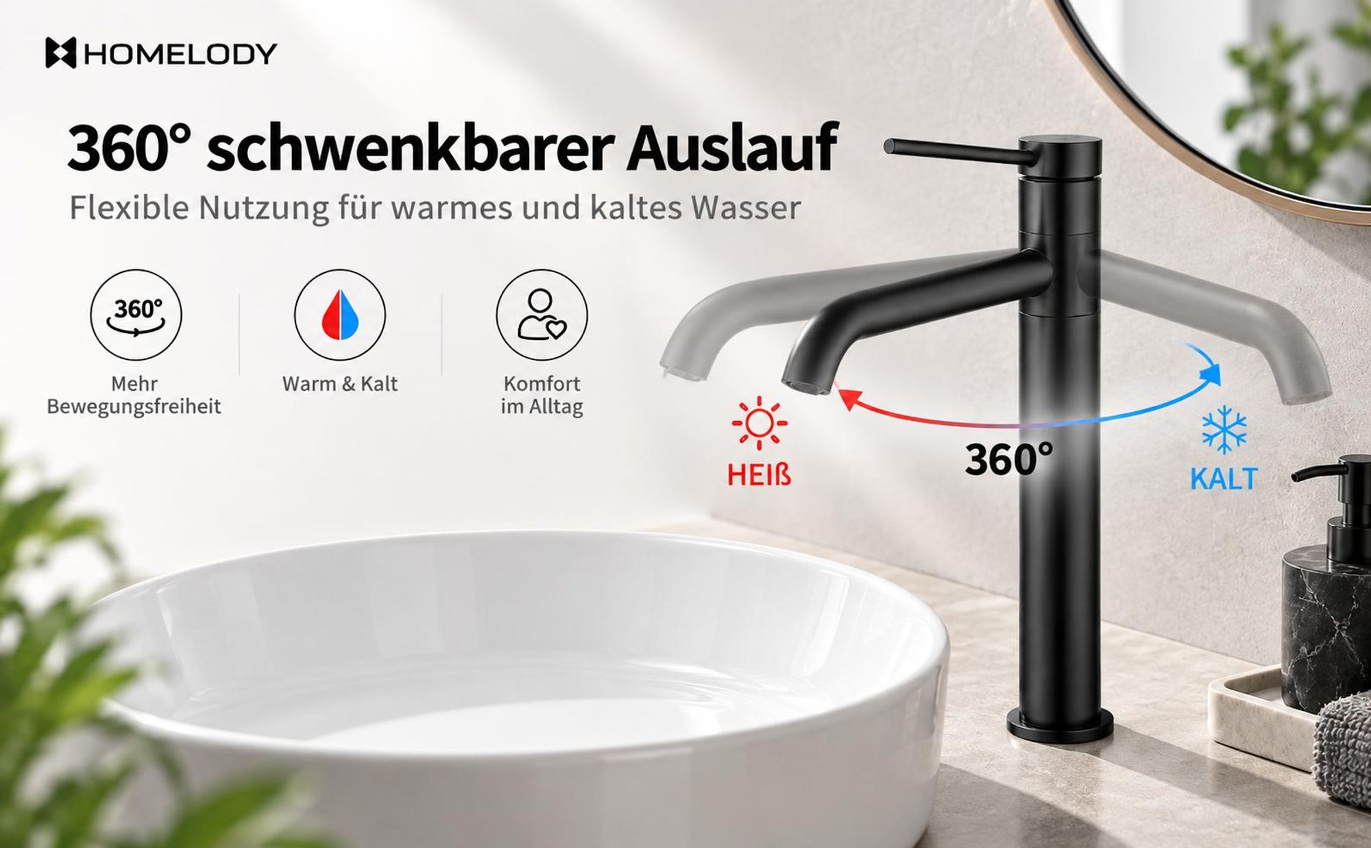 2 x Homelody Badarmatur Wasserhahn Bad aus Edelstahl Waschbecken Armatur mit hohe Ausflauf Mischbatterien 180° Schwenkbar Waschtischarmatur, Schwarz