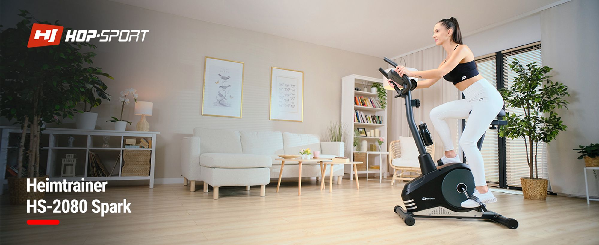 Hop-Sport Heimtrainer Fahrrad Spark Silber für Zuhause magnetischer Hometrainer mit verstellbarem Sitz & Lenker, Pulssensoren, LCD-Display - bis 120kg