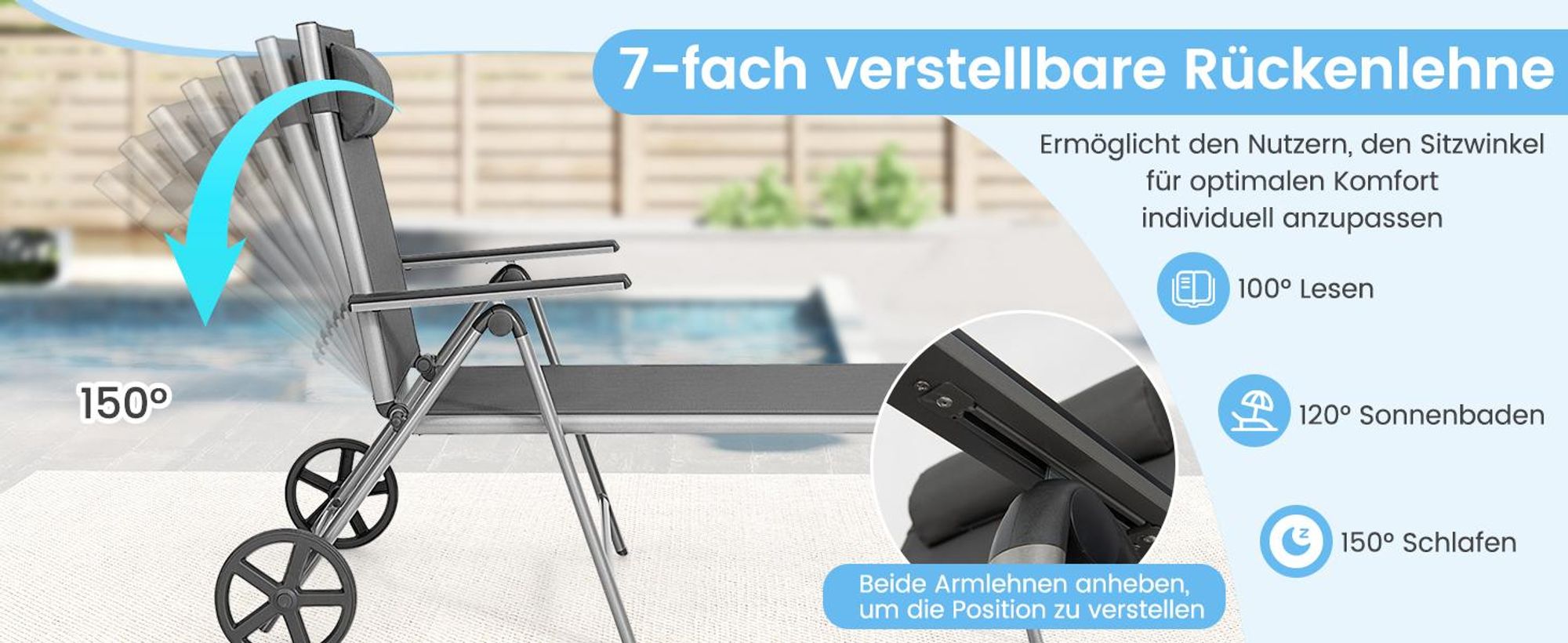 COSTWAY Liegestuhl aus Aluminium mit Rollen, klappbarer Sonnenliege mit 7-Fach Verstellbarer Rückenlehne und Abnehmbarer Kopfkissen, Klappliege Gartenliege mit schnell trocknendem Stoff