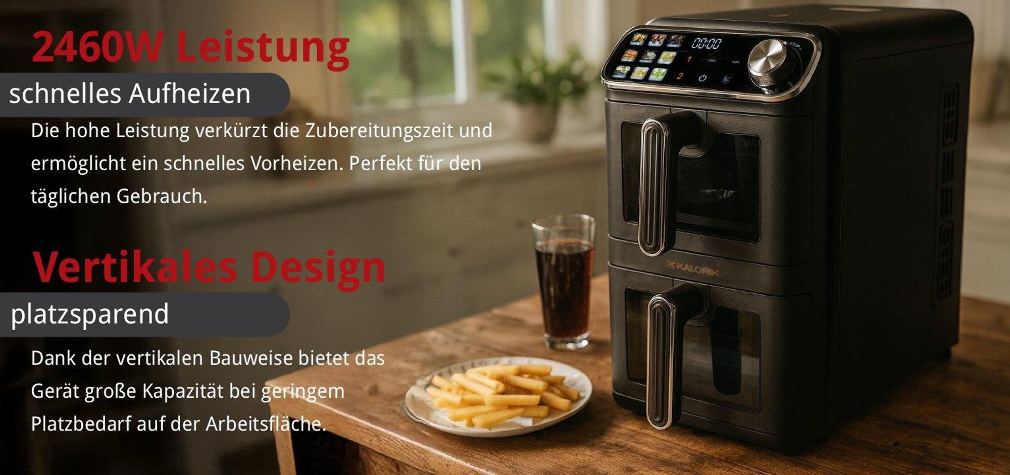 Kalorik Fettfreie Fritteuse Vertikale 2460W 11L XXL Heißluftfritteuse Turm + 2 Frittierroste, air fryer