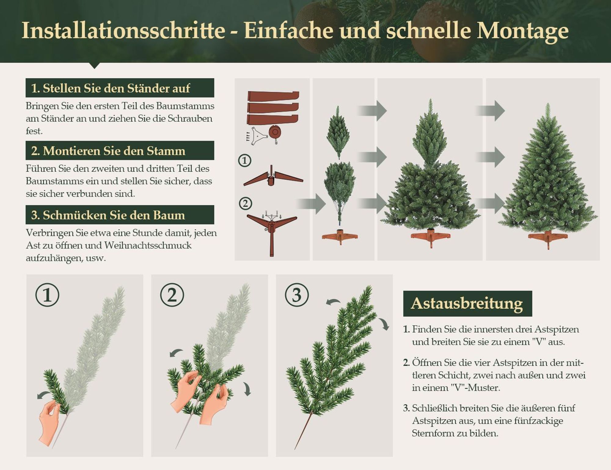 Salcar Künstlicher Weihnachtsbaum 150 cm Tannenbaum mit natürlichen Zweigfarben und Echtholzständer Christbaum Nordmanntanne, mit 458 Zweigen