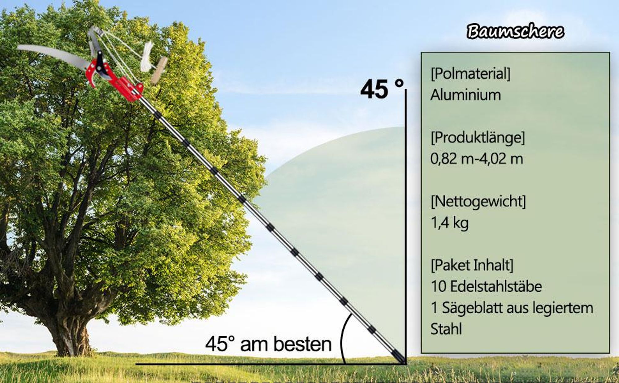 Astschere Teleskop mit Astsäge, Teleskop Baumschere, Teleskop Astsäge, Teleskopsäge, 82-402cm Höhenverstellbar, SK5 Kohlenstoffstahl