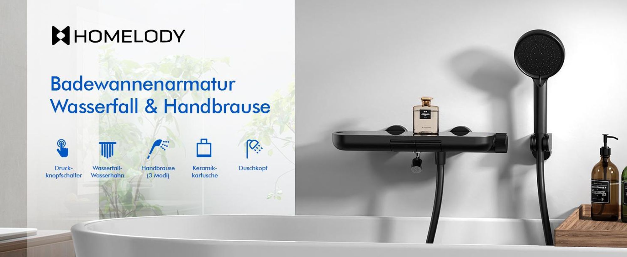 Homelody Brausebatterie-Set, Brausebatterie mit Handbrause & Ablage, Badewannenarmatur Brausehalter und Brauseschlauch inkl. Schwarz