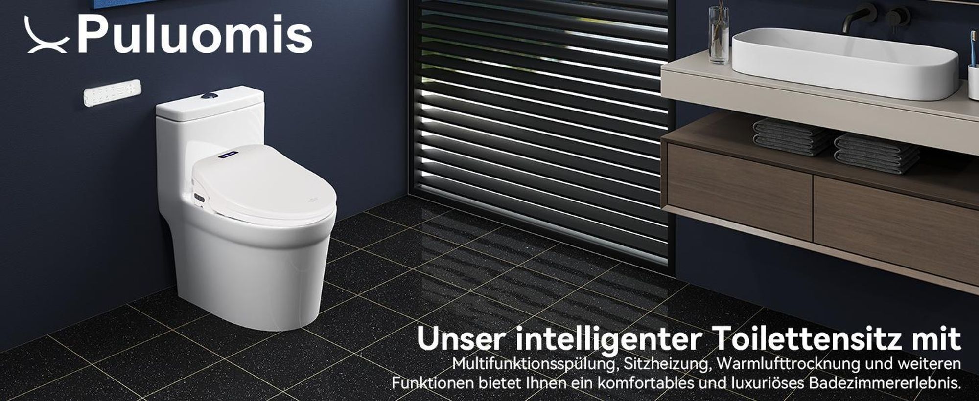 Puluomis Toilettensitz mit Fernbedienung, Warmluft, Heizsitz, Selbstreinigende Bidet-Funktion, 3-Temperaturstufen, LCD Display, Dämpfungsdesign kurz