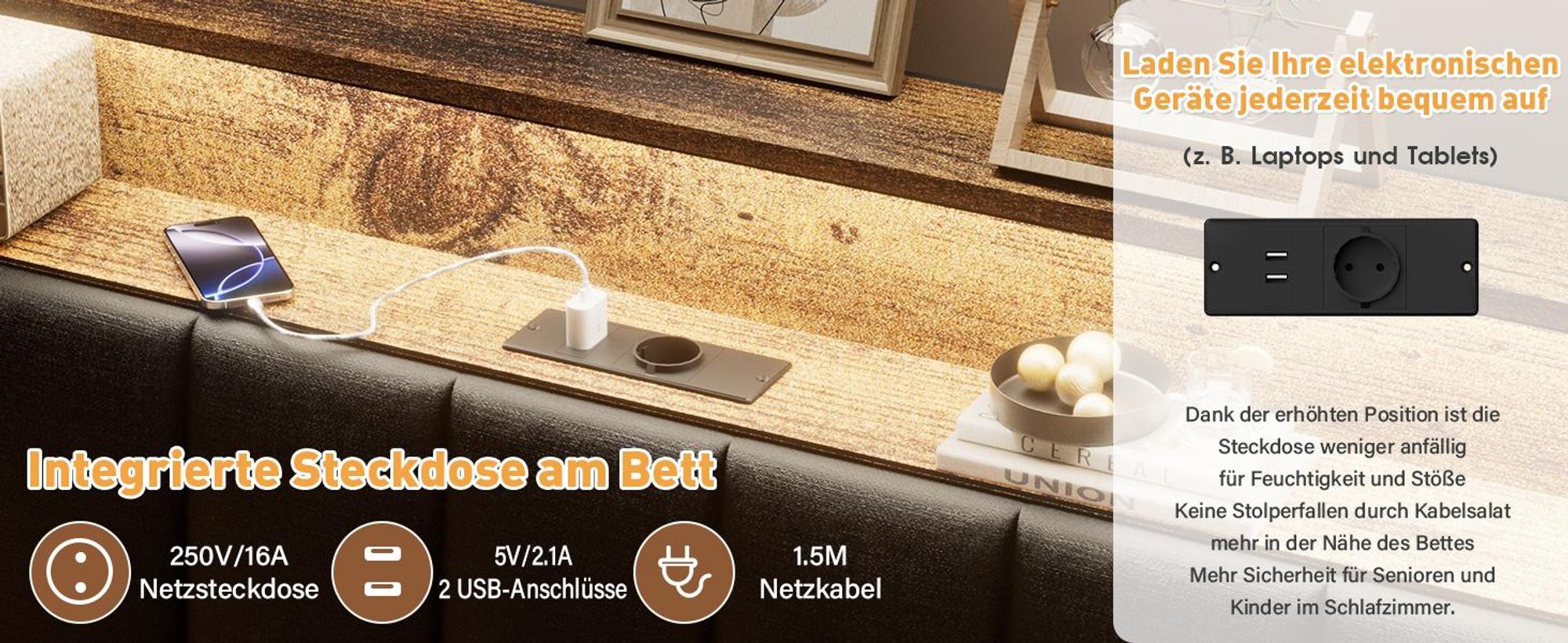 DEWINNER Bettrahmen 140 x 190, mit Metallgestell, 2-Personen-Bett, mit LED und Mehrfachsteckdosen (1 Steckdose, 2 USB-Anschlüsse), Doppelbett