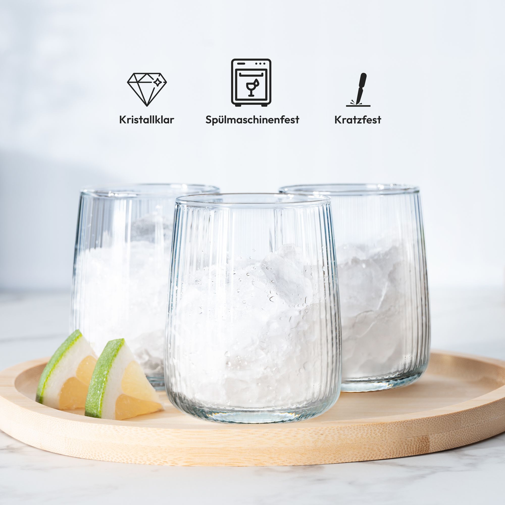 KONZEPT Geriffelte Gläser Set 6 teilig, Trinkgläser 320 ml, Wassergläser spülmaschinenfest