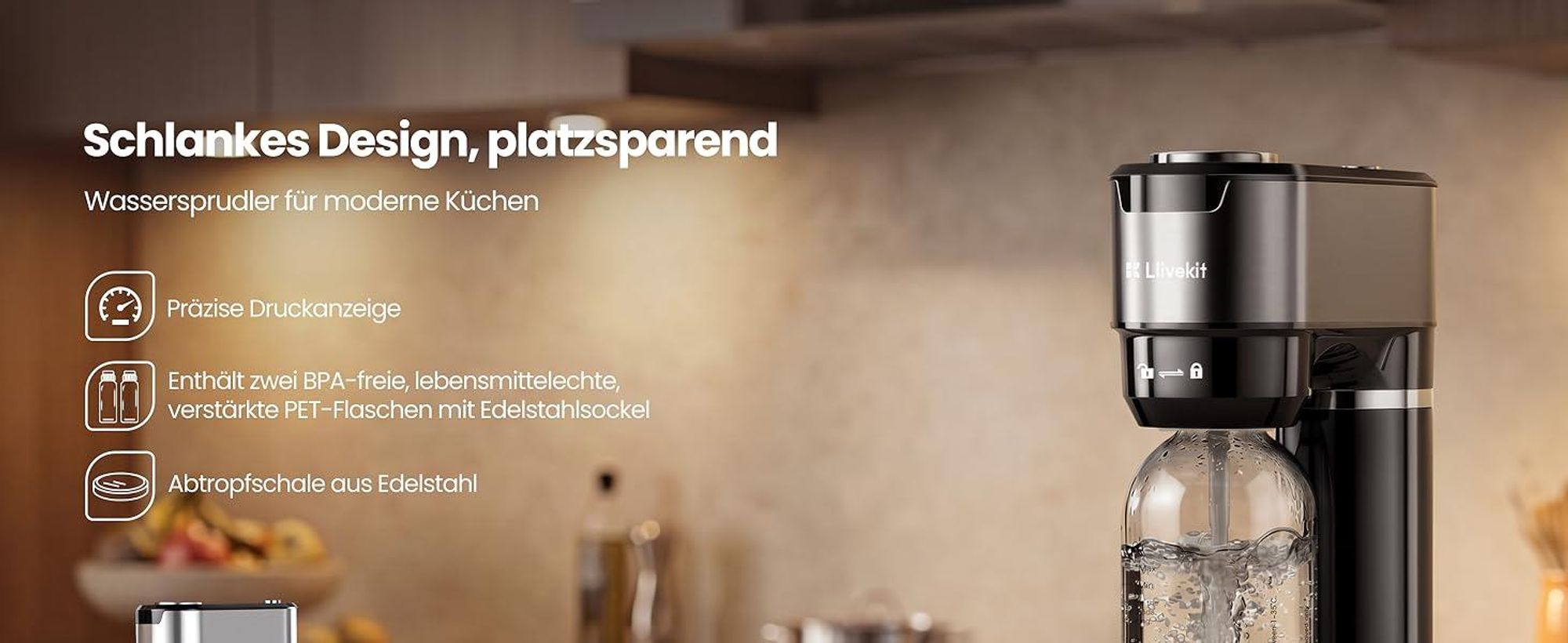 LLIVEKIT Wassersprudler, mit 4 einstellbaren Sprudelstufen, Schwarz