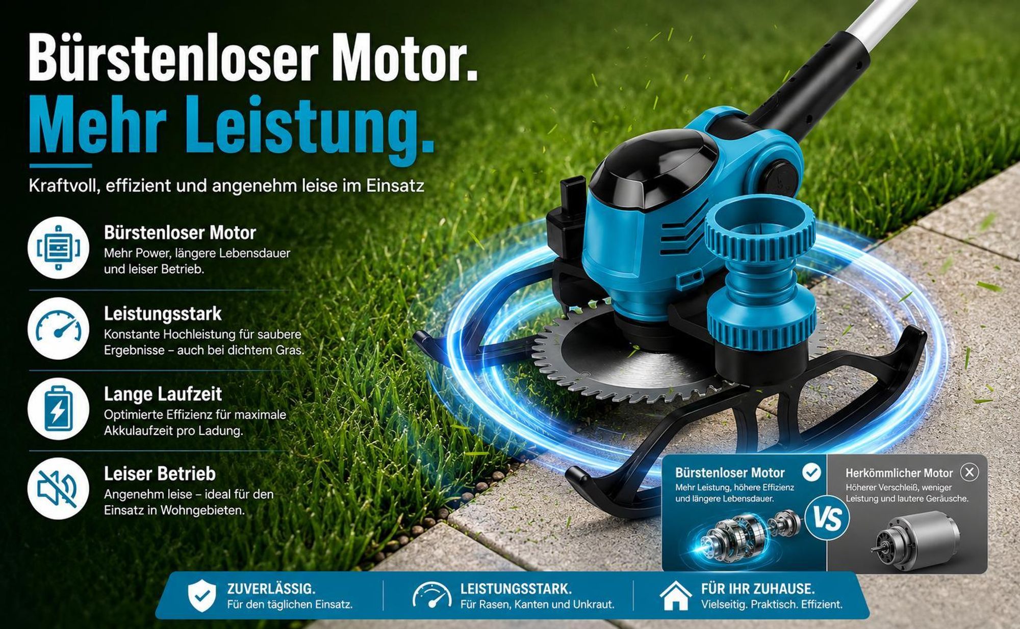 4-in-1 Akku Rasentrimmer 21V, Leicht & Kraftvoll, mit 2 Akkus und Ladegerät, Kabelloser Kantenschneider, Blau