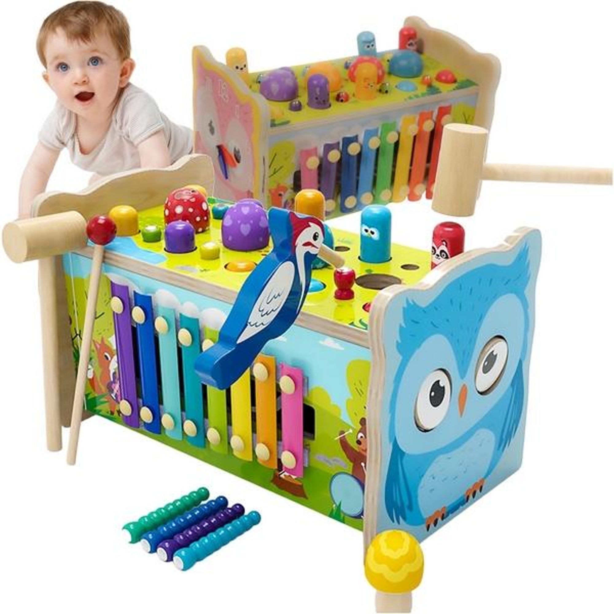 7-in-1 Holz Motorikwürfel Eule Xylophon, Hammerbank & Steckspiel
