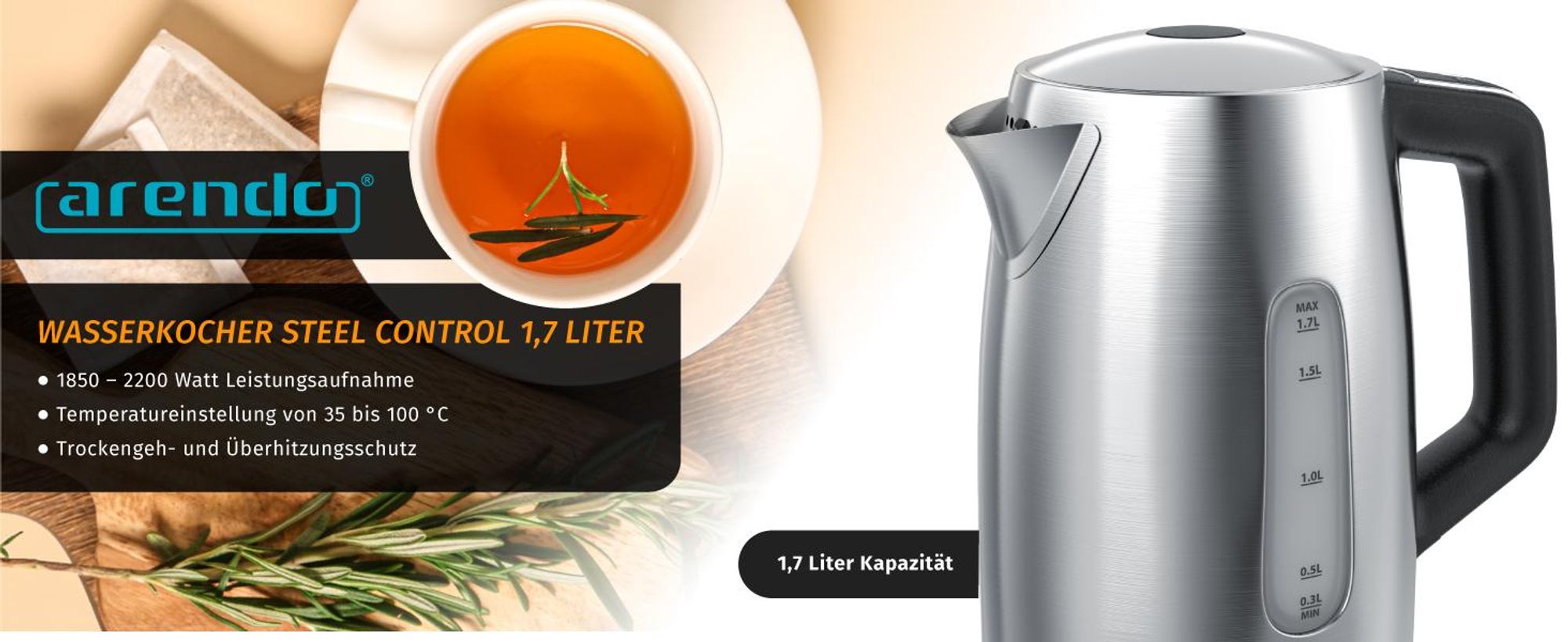 Arendo Wasserkocher mit Temperatureinstellung 35°C - 100°C, Temperaturanzeige, Temperaturwahl, Edelstahl, 1,7 L, 2200W, Warmhaltefunktion, silber