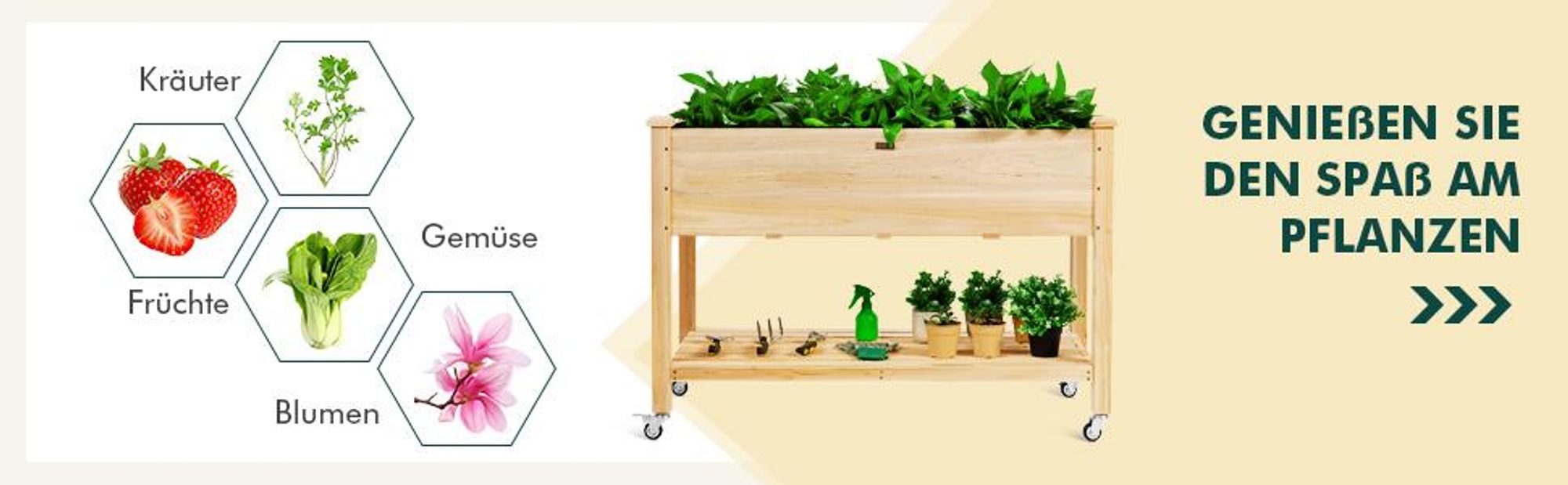 COSTWAY Hochbeet 120x59x84 cm, Erhöhtes Pflanzkübel aus Holz mit Ablagefach, feststellbaren Rädern&Schutzfutter, Pflanzkasten Kräuterbeet Blumenkasten