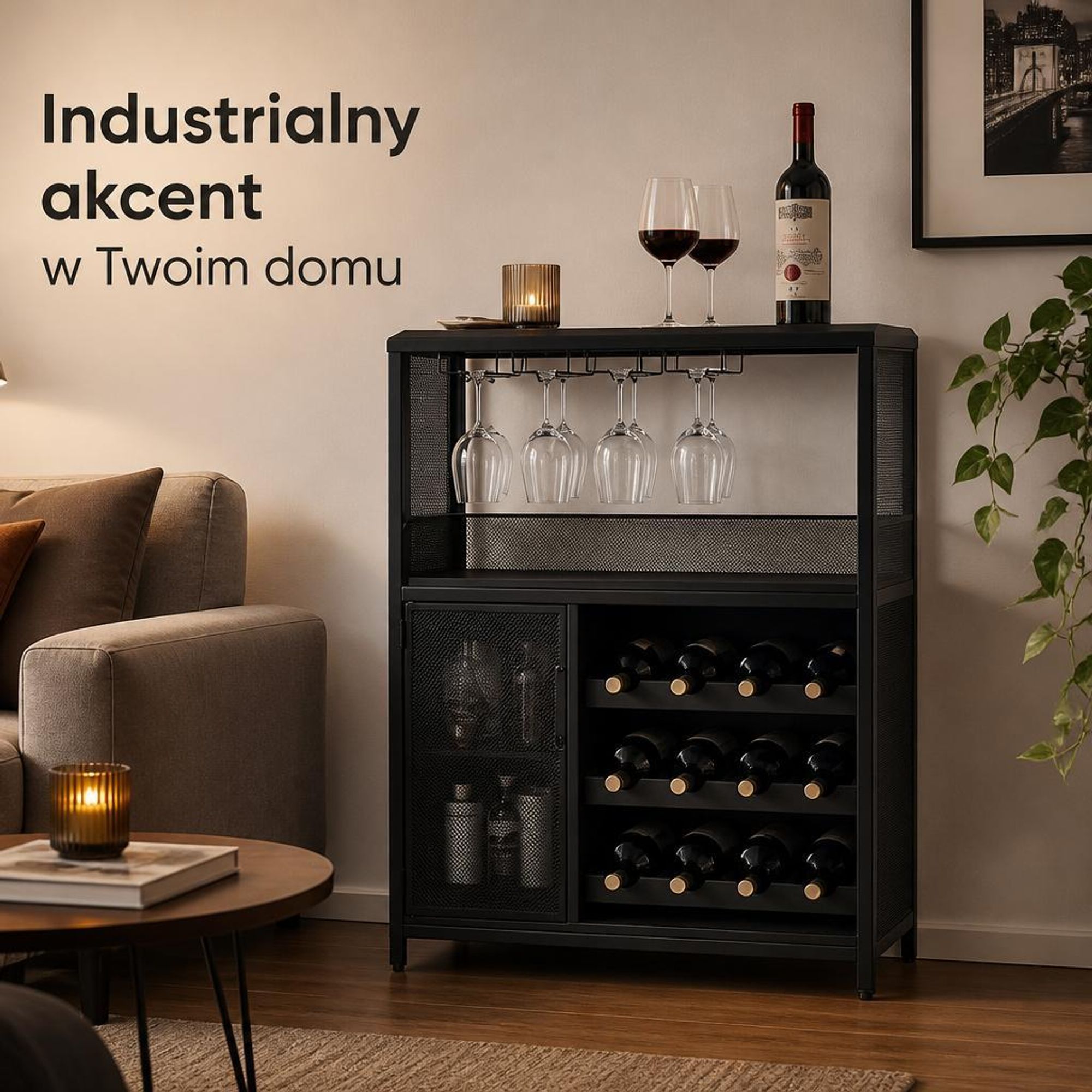 Wolnostojąca szafka na wino w stylu industrialnym (z drzwiczkami z siatki) – zawiera wyjmowane półki na wino i uchwyty na kieliszki – kolor czarny