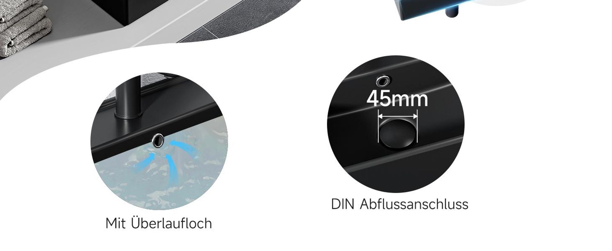 Handwaschbecken mit Hahnloch und Überlauf