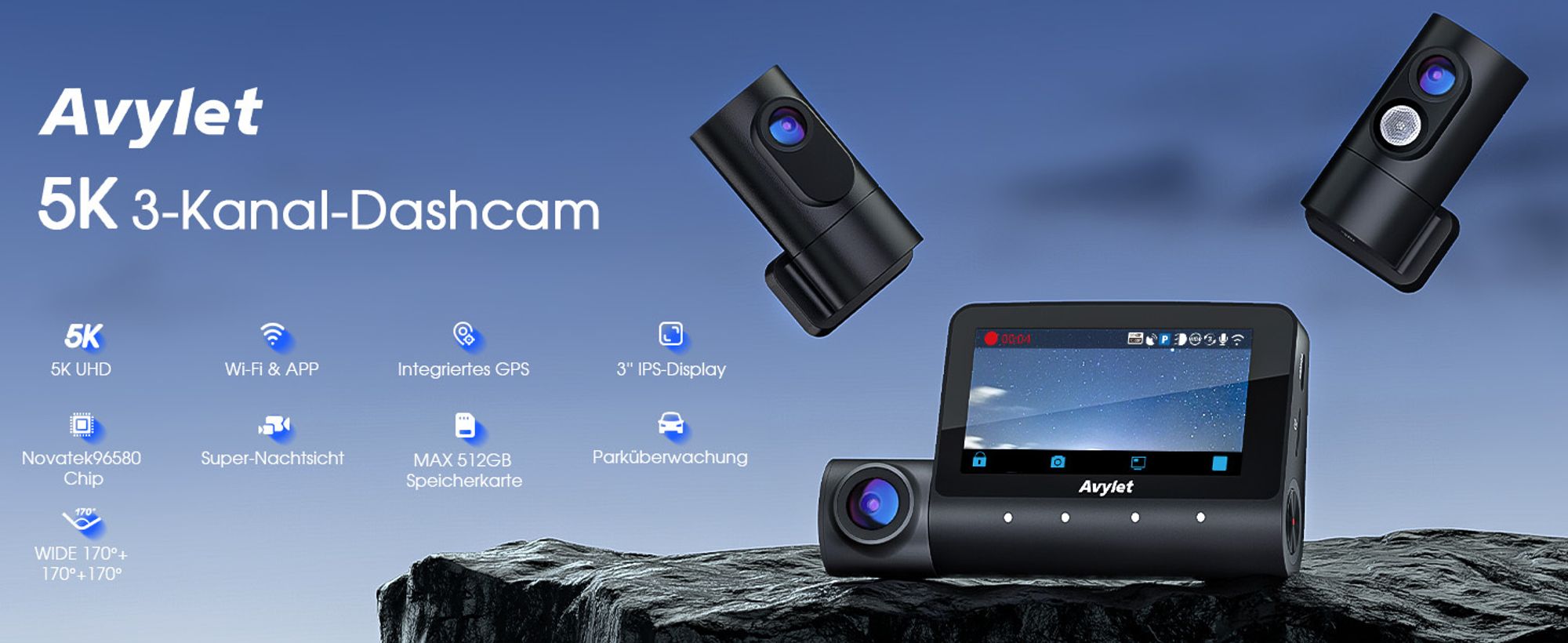 5K 3-Kanal-Dashcam Auto Wi-Fi,GPS,3lens 4K+1080P+1080P Vorne Hinten Innen Autokamera mit 3-Zoll-IPS-Bildschirm,IR-Nachtsicht,24h Puffer Parkmodus
