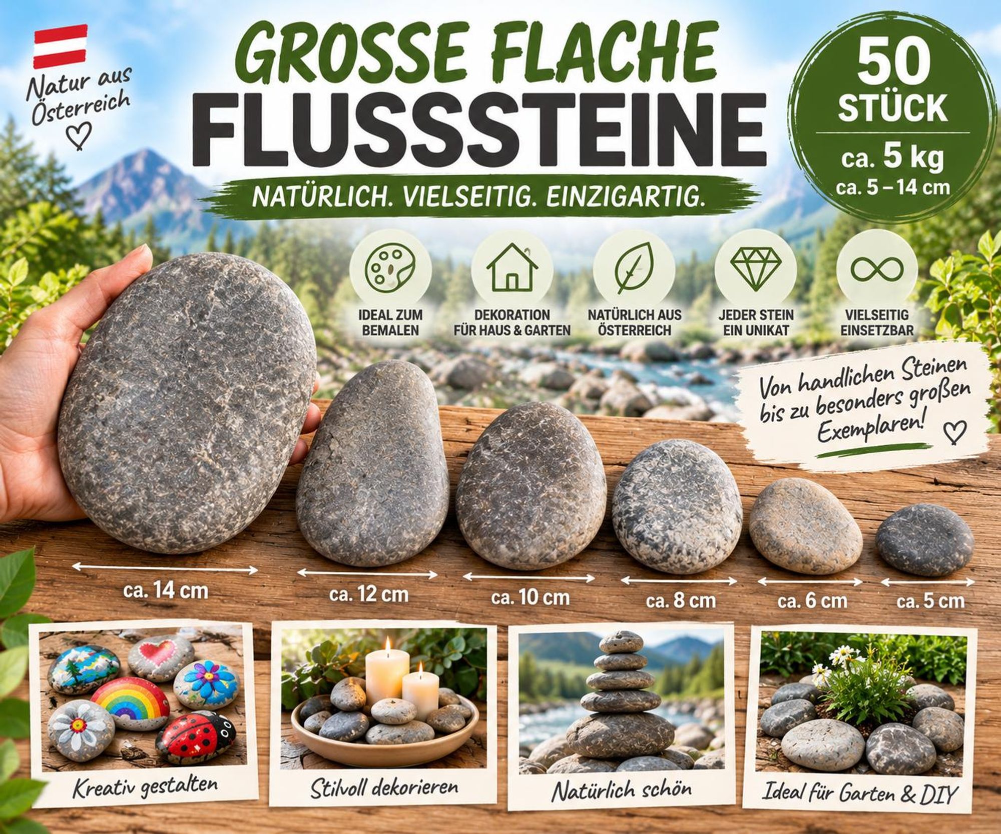 Flache Flusssteine aus Österreich zum Bemalen und kreativen Gestalten, 50 Stück, ca. 5 kg