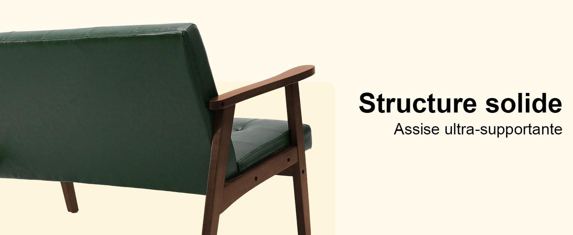 Canapé scandinave pour 2 personnes, en similicuir, avec accoudoirs, structure en bois massif, idéal pour le salon, la chambre ou le bureau, capacité de charge de 240 kg, dimensions : 124 x 74 x 75 cm, couleur : noir