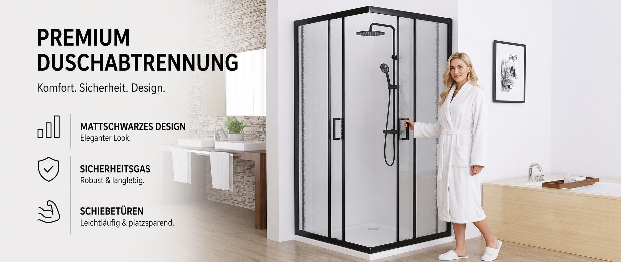 MIQU Duschkabine Eckeinstieg 90x90x185 cm Duschwand mit Doppel Schiebetür Schwarz Rollen, 6mm ESG Sicherheitsglas, Schiebetüren Glas komplett Dusche
