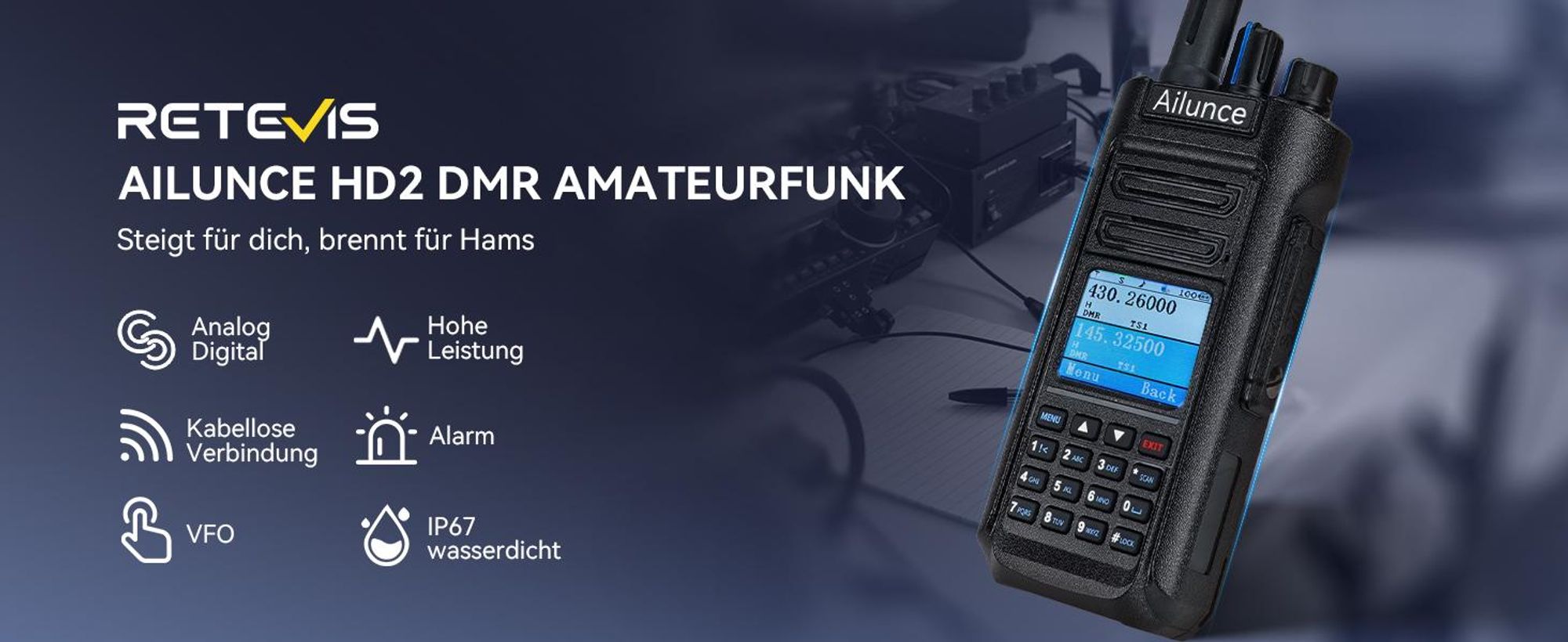 Retevis Ailunce HD2 Ham Radio, Langstrecken DMR Radio, 3200 mAh Akku, IP67 wasserdicht, Dualband-Amateurfunkgerät für Notfallrettung, Amateurfunk